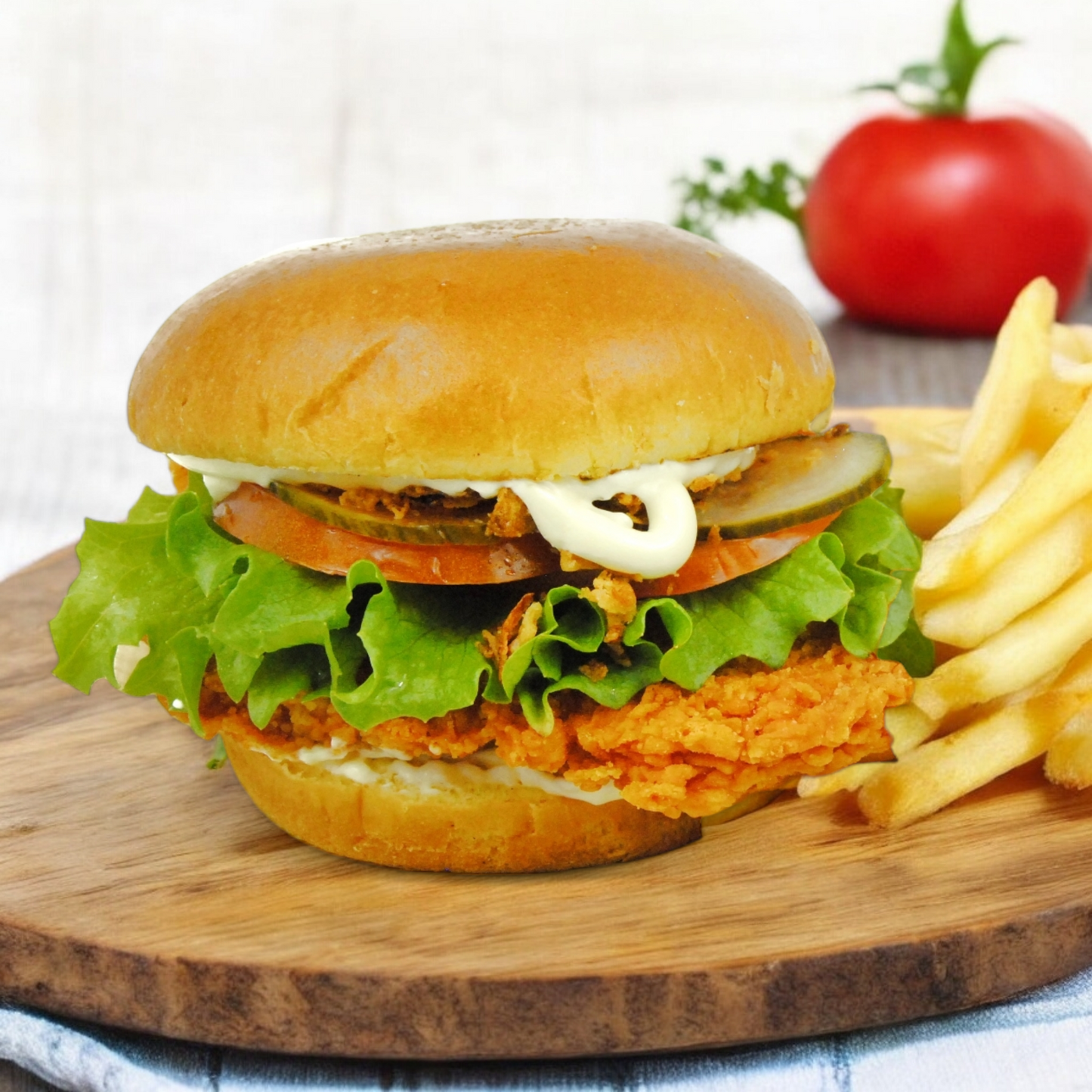 Crispy kyllingeburger med paneret kyllingefilet , chilimayo og pommes.