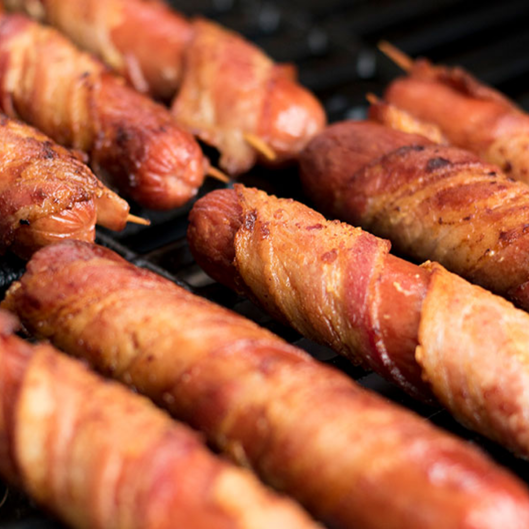 Grillpølser i baconsvøb. Tilkøb